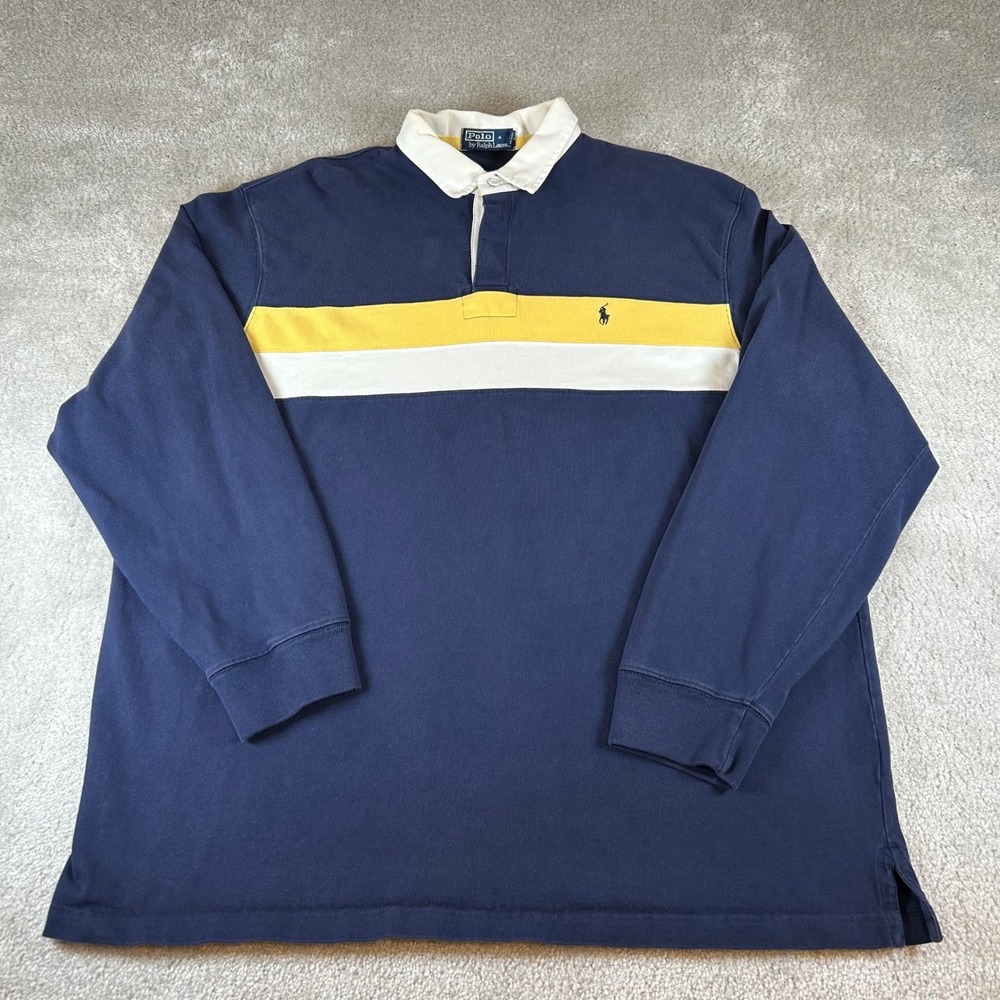 VTG Polo Ralph Lauren Rugby Shirt Men's XL Navy Yellow Striped Long Sleeve Polo